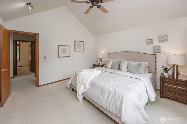 11423 NE 104th St, Kirkland, WA 98033 - bedroom featuring light colored carpet, vaulted ceiling, baseboards, and a ceiling fan