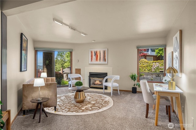 13707 SE 51st Pl, Bellevue, WA 98006 - carpeted living area with track lighting, a tiled fireplace, and baseboards
