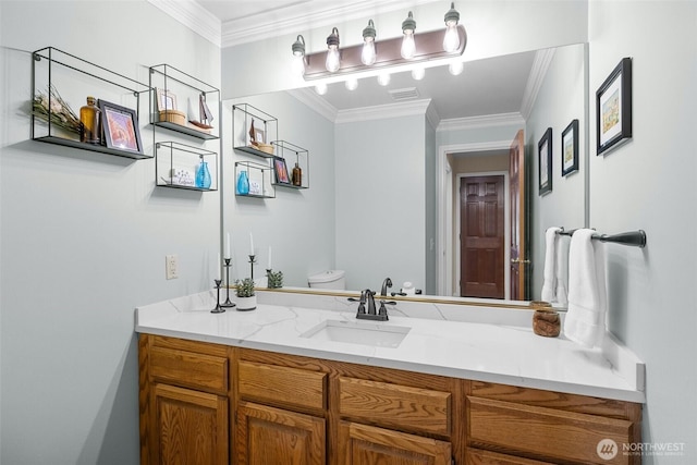 3924 Montgomery Ct, Mount Vernon, WA 98274 - bathroom featuring vanity, toilet, and ornamental molding