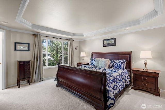3924 Montgomery Ct, Mount Vernon, WA 98274 - bedroom featuring a tray ceiling, light carpet, crown molding, and baseboards