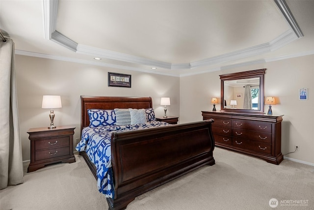 3924 Montgomery Ct, Mount Vernon, WA 98274 - bedroom featuring a tray ceiling, light colored carpet, crown molding, baseboards, and recessed lighting