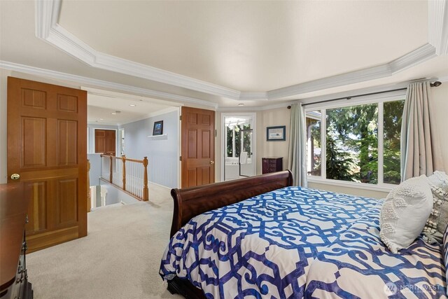 3924 Montgomery Ct, Mount Vernon, WA 98274 - bedroom with carpet flooring, a tray ceiling, and crown molding