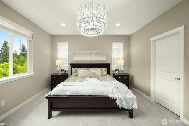 bedroom with light carpet, a chandelier, baseboards, and recessed lighting