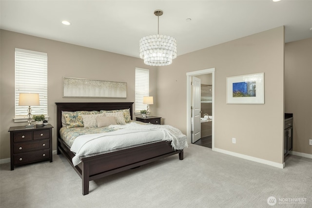 bedroom with a chandelier, light colored carpet, baseboards, and recessed lighting