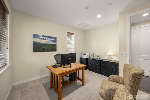 home office with recessed lighting, baseboards, light colored carpet, and attic access