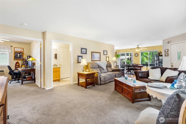1811 Hundley Rd, Cle Elum, WA 98922 - living room featuring ceiling fan, light carpet, and baseboards