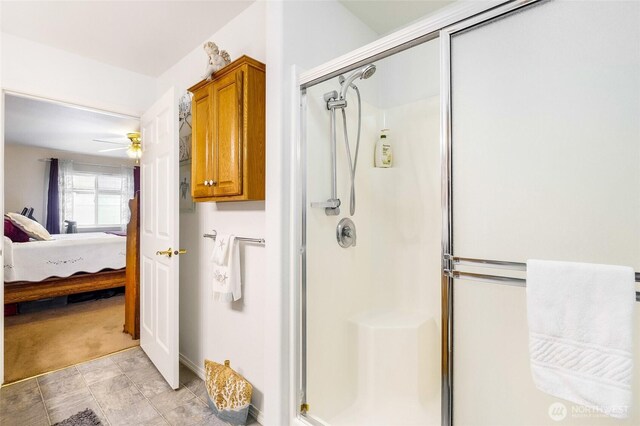 1811 Hundley Rd, Cle Elum, WA 98922 - full bathroom featuring connected bathroom, a stall shower, and a ceiling fan