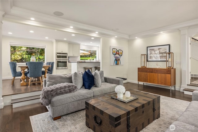 9209 SE 57th St, Mercer Island, WA 98040 - living room with wood finished floors, crown molding, recessed lighting, baseboards, and stairs