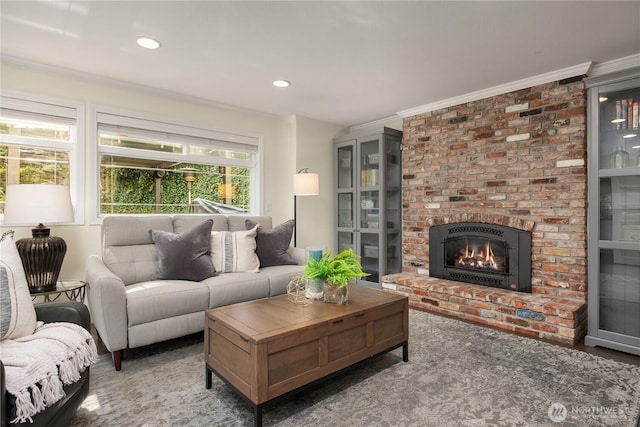 9209 SE 57th St, Mercer Island, WA 98040 - living area with a fireplace, crown molding, and recessed lighting