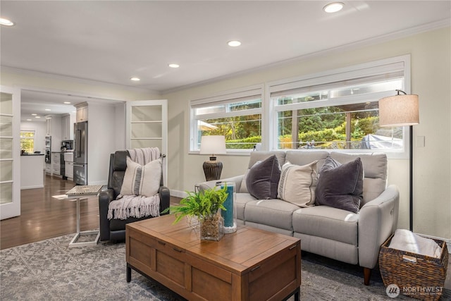 9209 SE 57th St, Mercer Island, WA 98040 - living area with ornamental molding, dark wood-style flooring, recessed lighting, and baseboards