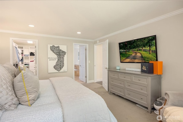 9209 SE 57th St, Mercer Island, WA 98040 - bedroom with ornamental molding, a spacious closet, light colored carpet, recessed lighting, and baseboards