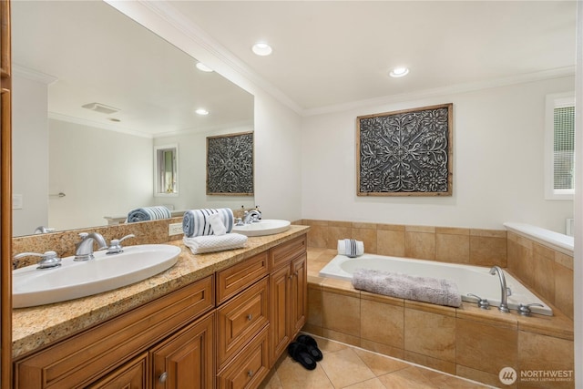 9209 SE 57th St, Mercer Island, WA 98040 - full bath featuring a garden tub, tile patterned floors, crown molding, double vanity, and recessed lighting