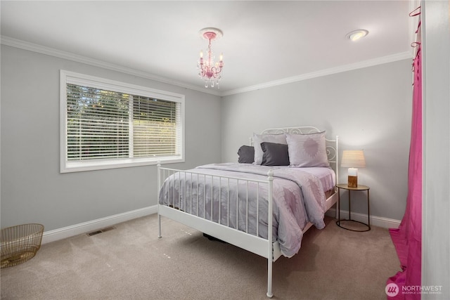 9209 SE 57th St, Mercer Island, WA 98040 - bedroom featuring baseboards, carpet, crown molding, and a chandelier