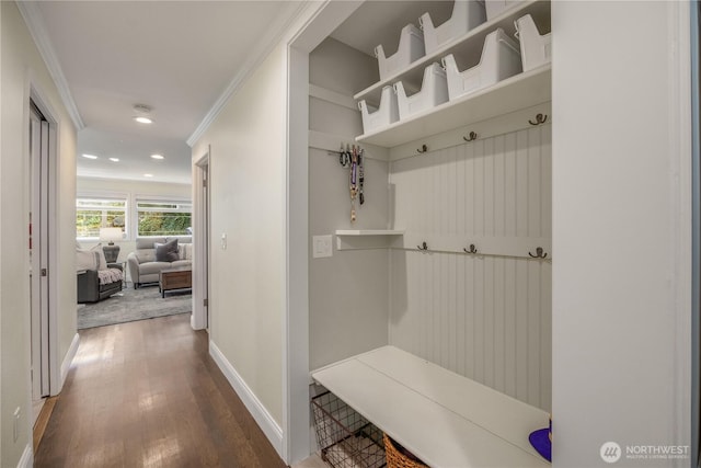 9209 SE 57th St, Mercer Island, WA 98040 - mudroom with crown molding, wood finished floors, baseboards, and recessed lighting