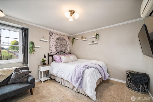 4279 H Street Rd, Blaine, WA 98230 - bedroom with an AC wall unit, ornamental molding, light carpet, and baseboards