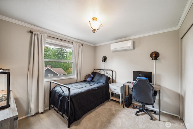 4279 H Street Rd, Blaine, WA 98230 - bedroom with an AC wall unit, carpet floors, crown molding, baseboards, and a desk