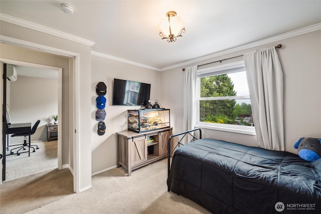 4279 H Street Rd, Blaine, WA 98230 - bedroom featuring light carpet, ornamental molding, baseboards, and a wall unit AC