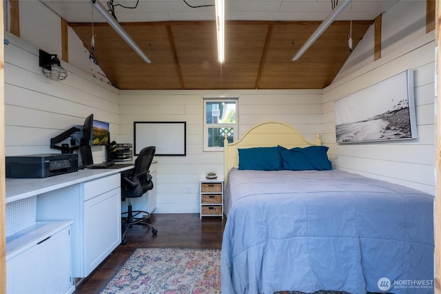 4279 H Street Rd, Blaine, WA 98230 - bedroom with lofted ceiling, wooden walls, dark wood finished floors, an office area, and wood ceiling