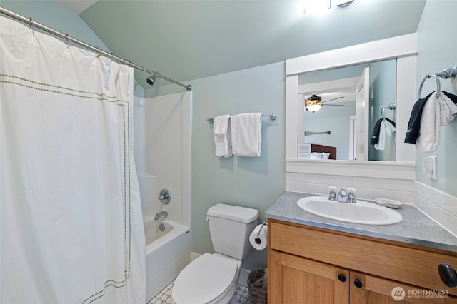 251 Meriweather St, Pacific Beach, WA 98571 - full bathroom with vanity, toilet, shower / bathtub combination with curtain, a ceiling fan, and lofted ceiling