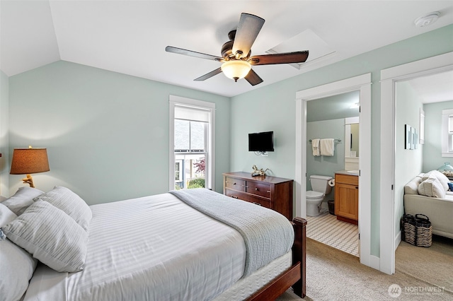 251 Meriweather St, Pacific Beach, WA 98571 - bedroom with light carpet, a ceiling fan, ensuite bath, and vaulted ceiling