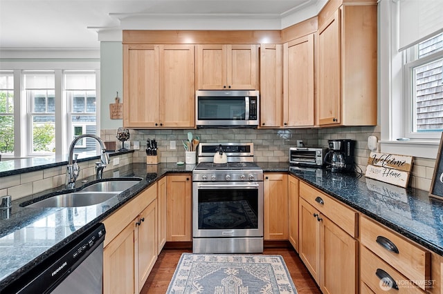 251 Meriweather St, Pacific Beach, WA 98571 - kitchen featuring stainless steel appliances, a sink, ornamental molding, light brown cabinets, and healthy amount of natural light