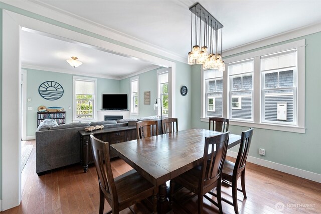 251 Meriweather St, Pacific Beach, WA 98571 - dining area featuring ornamental molding, wood-type flooring, baseboards, a chandelier, and a fireplace