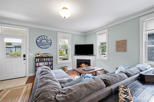 251 Meriweather St, Pacific Beach, WA 98571 - living area with ornamental molding, a lit fireplace, light tile patterned floors, and baseboards