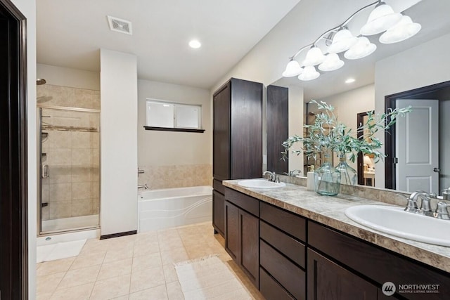1310 Maple Ave, Snohomish, WA 98290 - full bathroom with a garden tub, a shower stall, double vanity, tile patterned flooring, and recessed lighting