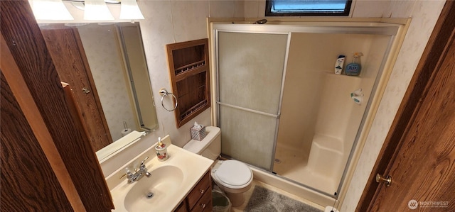 82 Marjory Ln, Sequim, WA 98382 - bathroom with toilet, vanity, a shower stall, and healthy amount of natural light