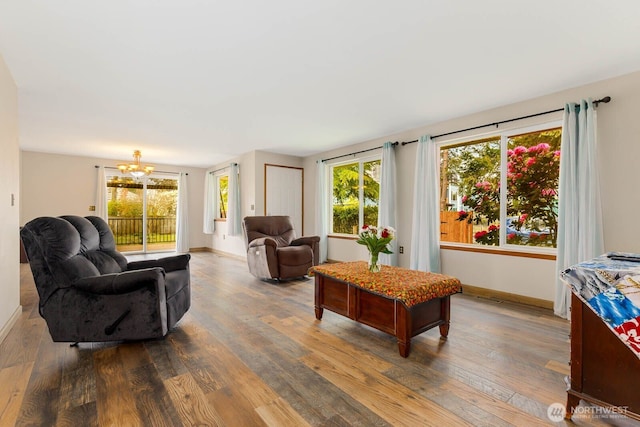 5809 162nd Ave E, Sumner, WA 98390 - living area with a chandelier, hardwood / wood-style floors, plenty of natural light, and baseboards