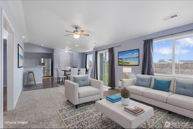 600 S County Rd, Warden, WA 98857 - living room with a ceiling fan, lofted ceiling, baseboards, wood finished floors, and recessed lighting
