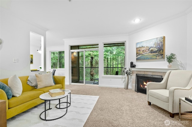 25025 SE Klahanie Blvd Unit D204, Sammamish, WA 98029 - carpeted living room featuring crown molding, a tiled fireplace, and baseboards