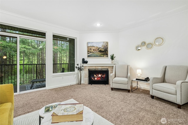 25025 SE Klahanie Blvd Unit D204, Sammamish, WA 98029 - carpeted living room featuring a fireplace, ornamental molding, and baseboards