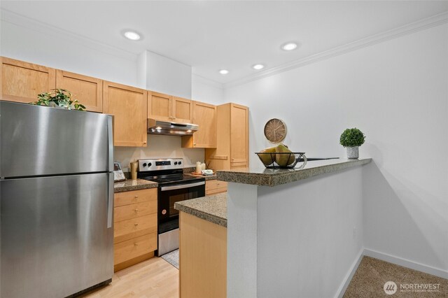 25025 SE Klahanie Blvd Unit D204, Sammamish, WA 98029 - kitchen featuring appliances with stainless steel finishes, under cabinet range hood, light brown cabinetry, ornamental molding, and dark countertops