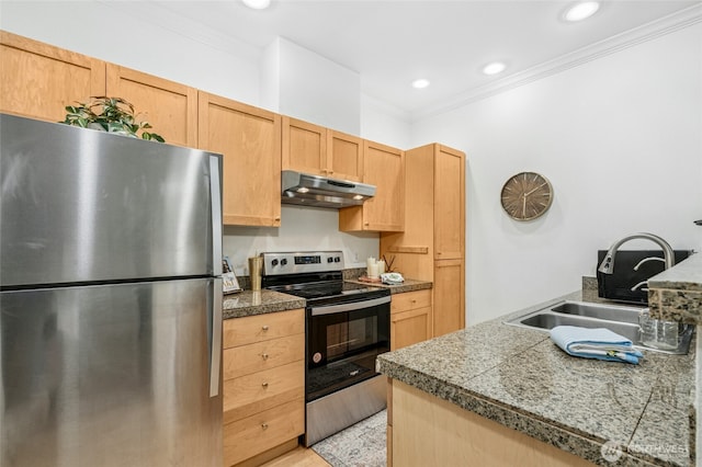 25025 SE Klahanie Blvd Unit D204, Sammamish, WA 98029 - kitchen featuring appliances with stainless steel finishes, under cabinet range hood, tile counters, ornamental molding, and a sink