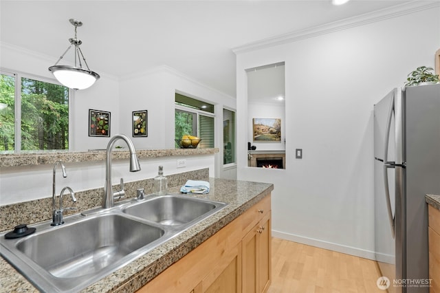 25025 SE Klahanie Blvd Unit D204, Sammamish, WA 98029 - kitchen with freestanding refrigerator, a sink, light wood-style floors, a lit fireplace, and ornamental molding