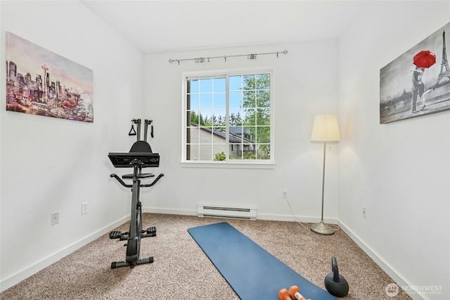 25025 SE Klahanie Blvd Unit D204, Sammamish, WA 98029 - workout area with a baseboard heating unit, carpet flooring, and baseboards