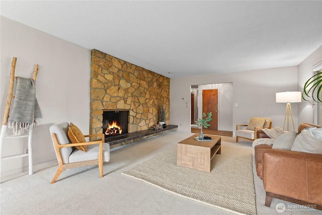 907 Baker St, Bellingham, WA 98225 - carpeted living area featuring a stone fireplace