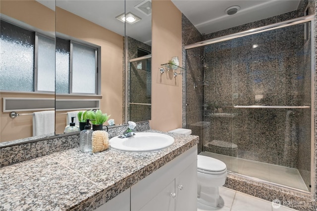 907 Baker St, Bellingham, WA 98225 - full bath with toilet, a shower stall, vanity, and tile patterned floors