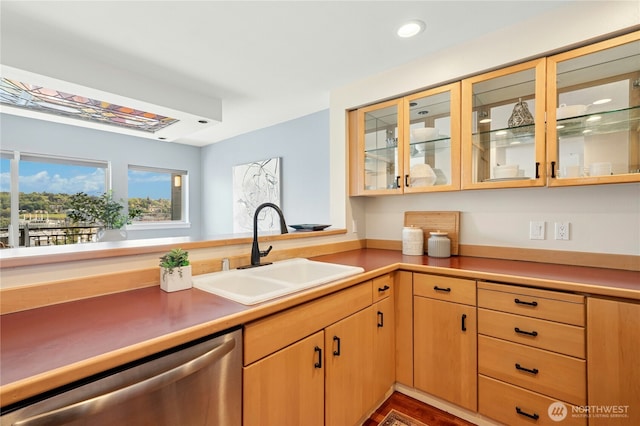 701 Galer St Unit 808, Seattle, WA 98109 - kitchen with dishwasher, a sink, glass insert cabinets, light countertops, and recessed lighting