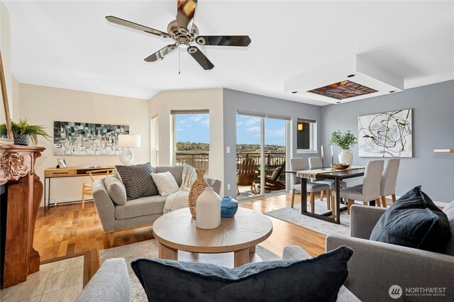 701 Galer St Unit 808, Seattle, WA 98109 - living room featuring a ceiling fan and light wood finished floors