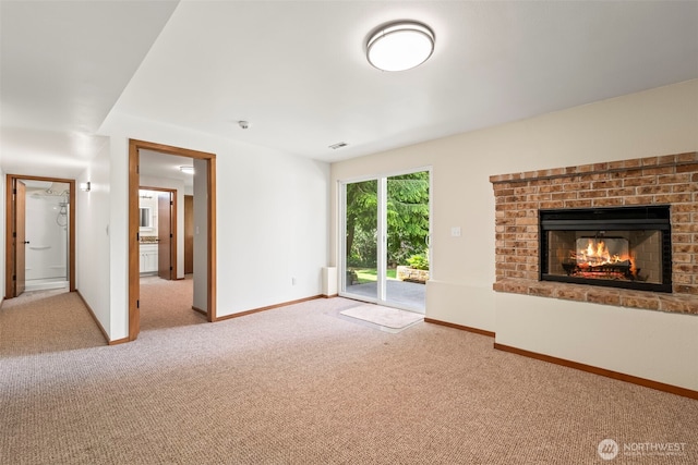 4528 SW 316th Pl, Federal Way, WA 98023 - unfurnished living room featuring carpet flooring, baseboards, and a brick fireplace