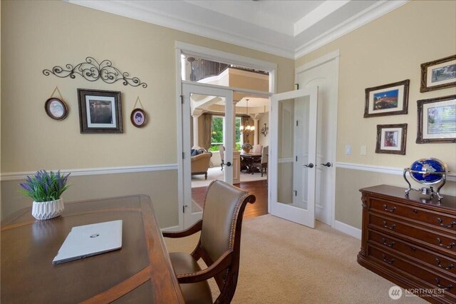 31045 219th Way SE, Black Diamond, WA 98010 - carpeted office space with french doors, crown molding, and baseboards