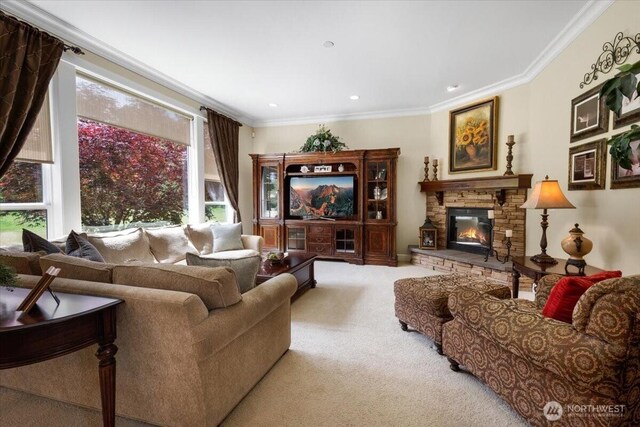 31045 219th Way SE, Black Diamond, WA 98010 - living area with light colored carpet, a stone fireplace, and ornamental molding