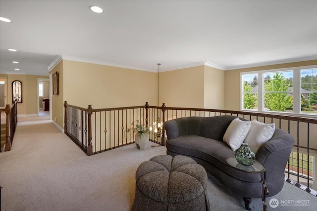 31045 219th Way SE, Black Diamond, WA 98010 - carpeted living room with ornamental molding, recessed lighting, and baseboards