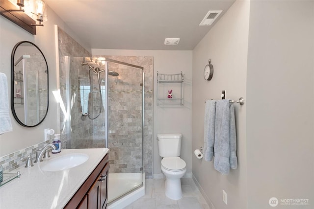 7611 176th Ave E, Bonney Lake, WA 98391 - bathroom featuring toilet, vanity, a stall shower, tile patterned flooring, and a chandelier