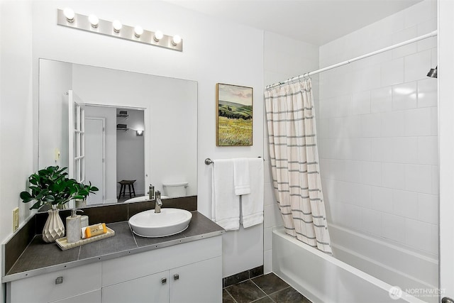 1414 12th Ave Unit 504, Seattle, WA 98122 - bathroom featuring shower / bath combination with curtain, vanity, and tile patterned flooring