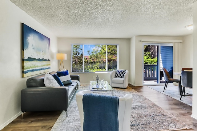living area featuring plenty of natural light, a textured ceiling, wood finished floors, and baseboards