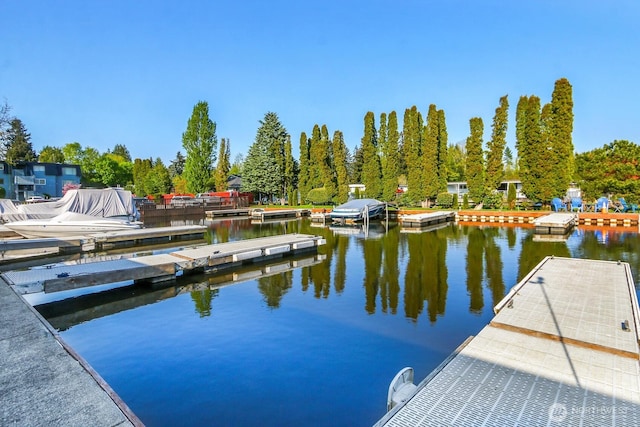 dock area featuring a water view and view of wooded area