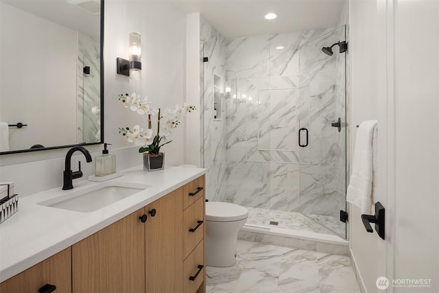 11320 113th Pl NE, Kirkland, WA 98033 - bathroom featuring marble look tiles, vanity, a marble finish shower, toilet, and recessed lighting